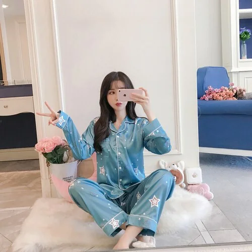 fashion Long Sleeve Silk Pajamas Autumn Winter Women Pajama Set Print Sleepwear Pyjamas Plus Size 3XL 4XL 5XL 85kg Nightwear Set