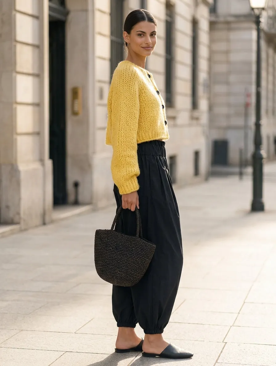 Women's Casual Yellow Long-sleeved Knit Cardigan Paired With Black Woven Trousers MD