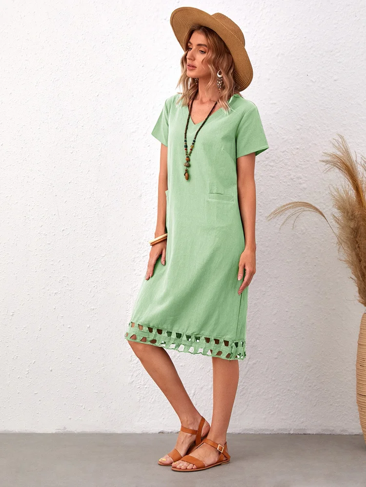 Fashionable and Versatile V-Neck Short Sleeve Slim Solid Cotton Linen Dress