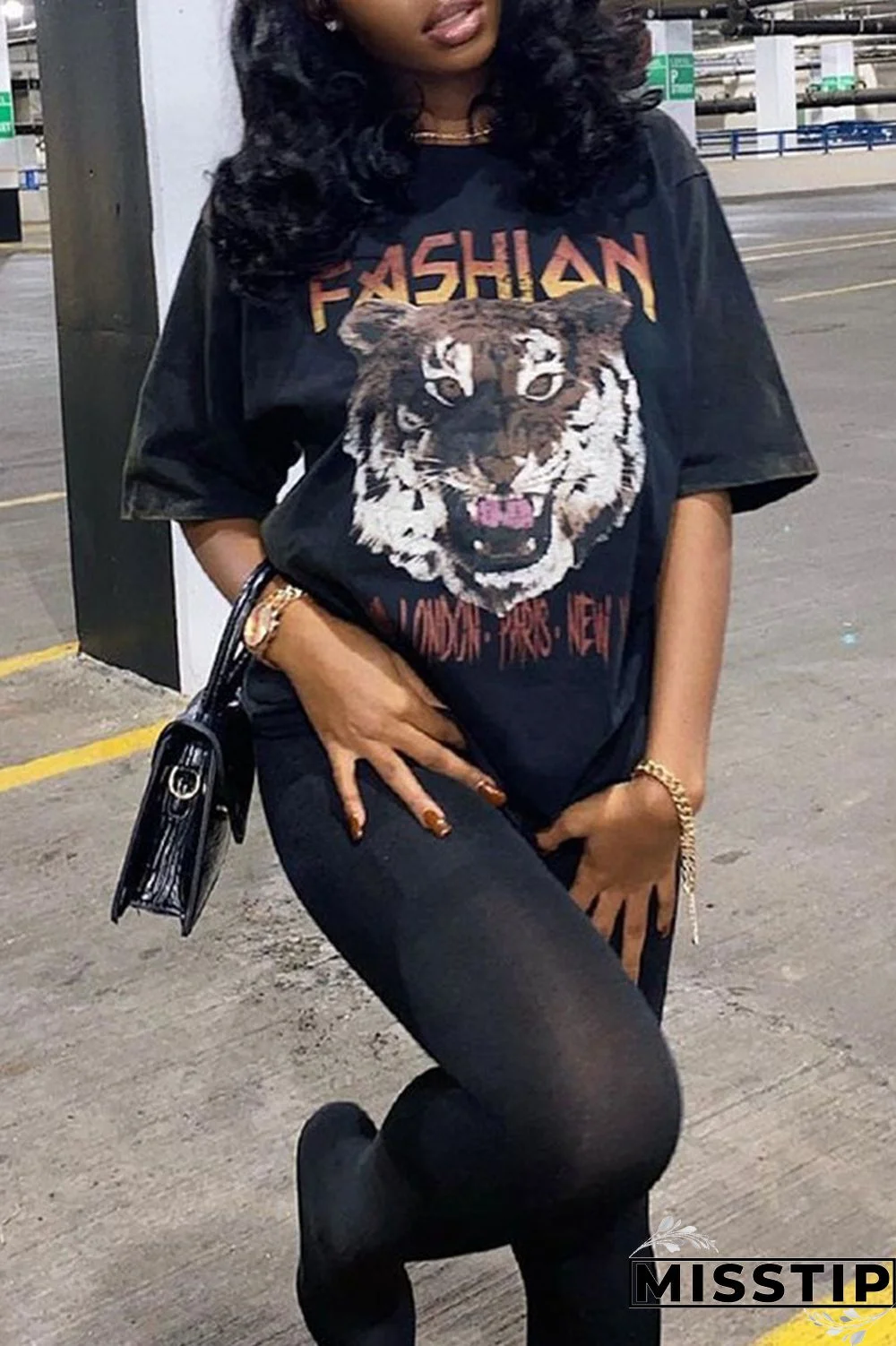 Black Casual Street Print Patchwork O Neck T-Shirts