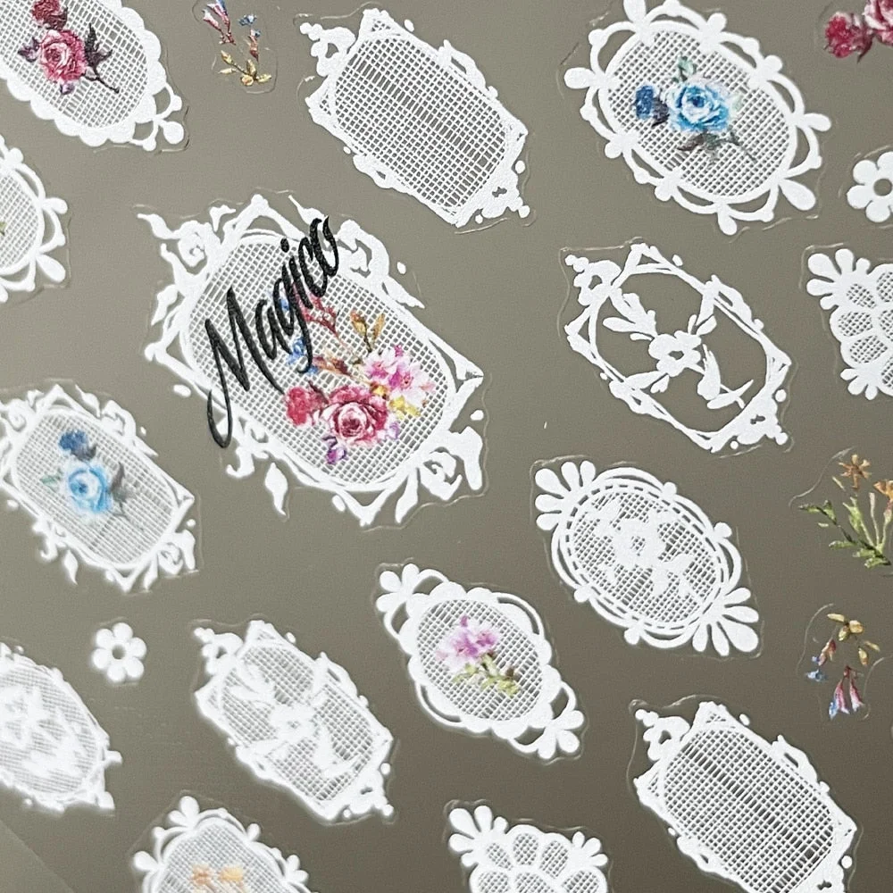 [Beautizon] 3D Engraved Nail Art Stickers Baroque Design Frame style white Leaf Flower high quality Sticker Empaistic Nail