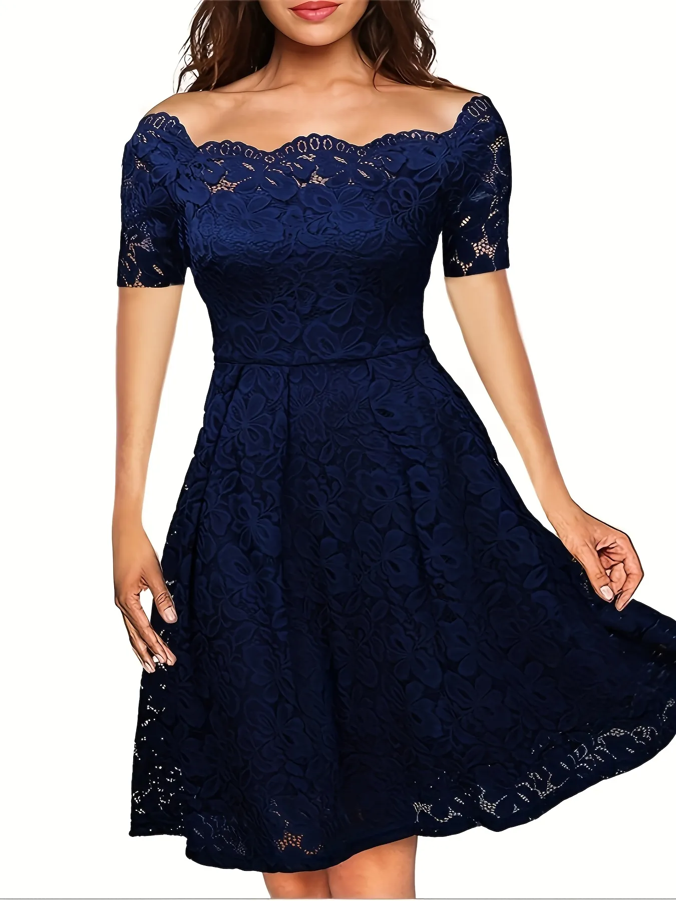 1PC Elegant Off-shoulder Lace Dress Solid Color Polyester Knit Fabric With Elastane