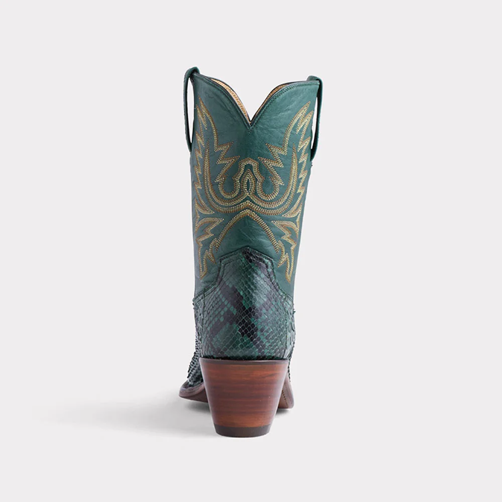 Green Python Embossed Snip Toe Cowgirl Boots with Embroidery