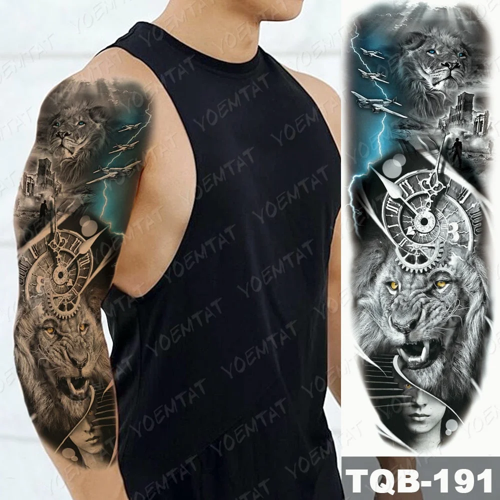 Large Arm Sleeve Waterproof Temporary Tattoo Sticker Lion Crown Gun Rose Wolf Tiger Animal Tattoos Women Men Body Art Fake Tatto