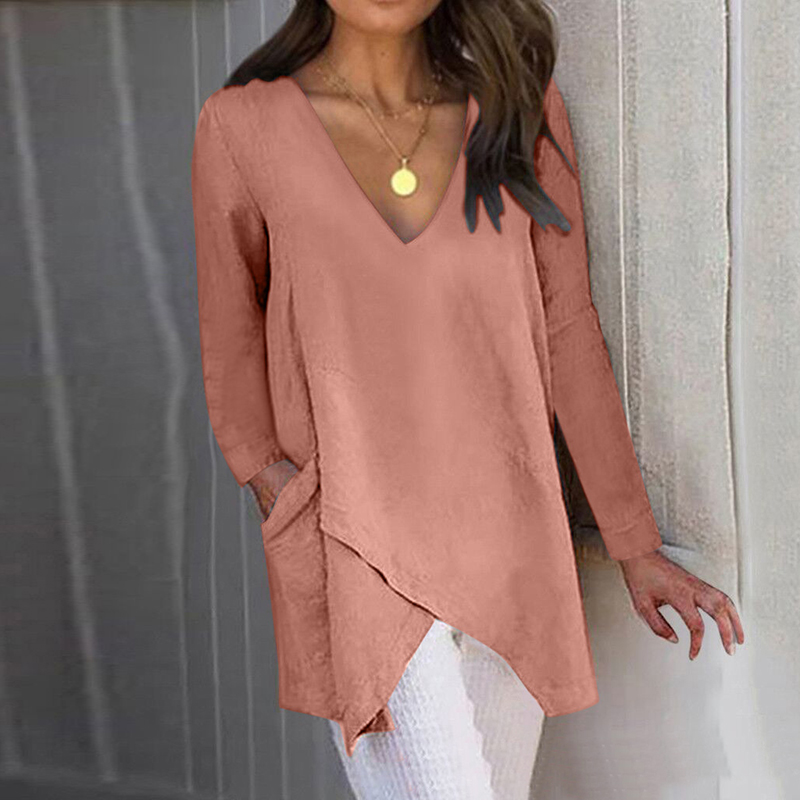 wearshes Solid V-Neck Linen Blend Casual T-Shirt