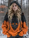 Women's Retro Drop Shoulder Skeleton Pattern Loose Hooded Sweater