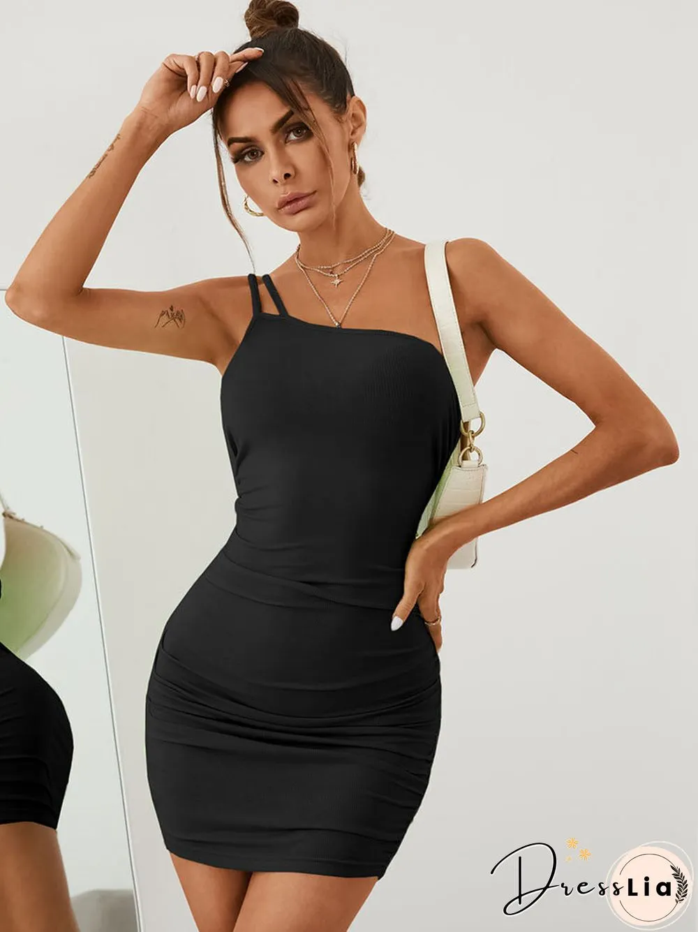 Solid Backless Irregular One Shoulder Mini Bodycon Sexy Dress