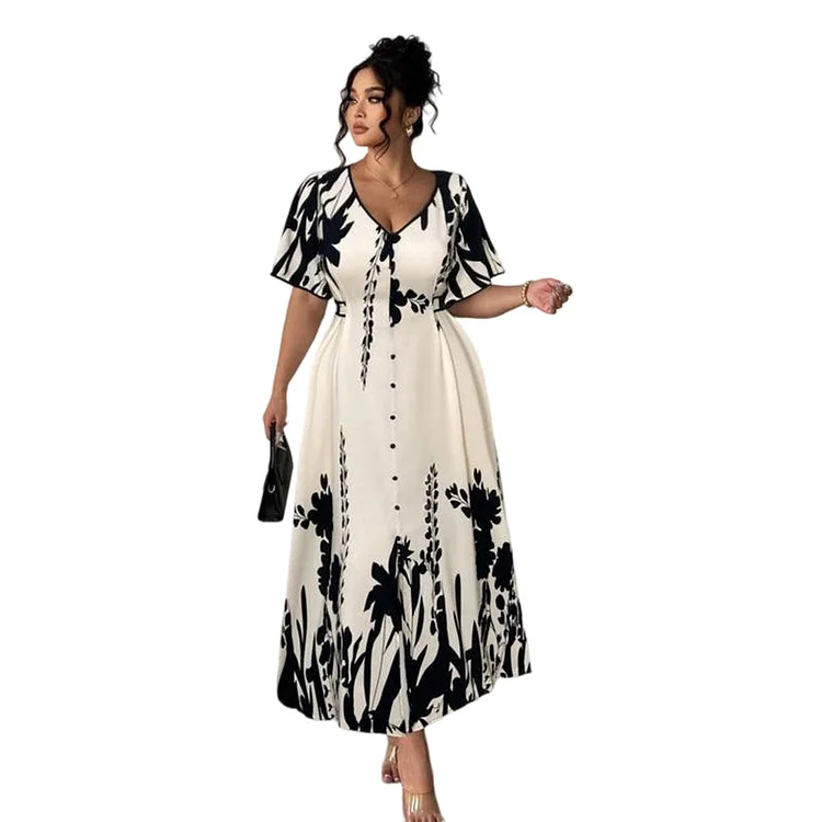 👗 50% RABATT! 🌿 Elegantes Botanisch Bedrucktes V-Ausschnitt-Midikleid &ndash; Leicht, Vielseitig & Perfekt F&uuml;r Jeden Anlass 🌸