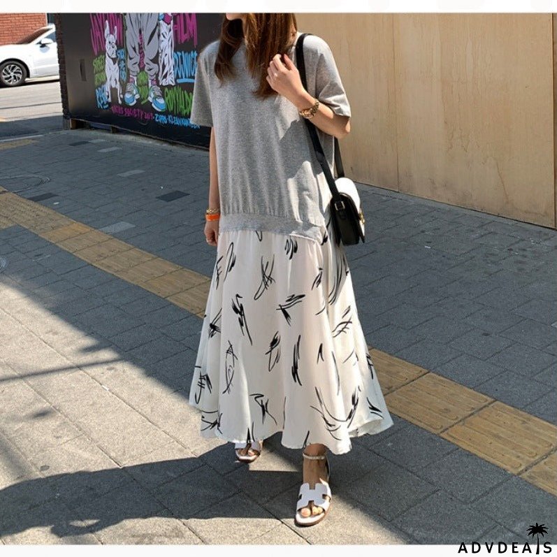 Casual Plus Size Female Stitching Printing Dress for Summer