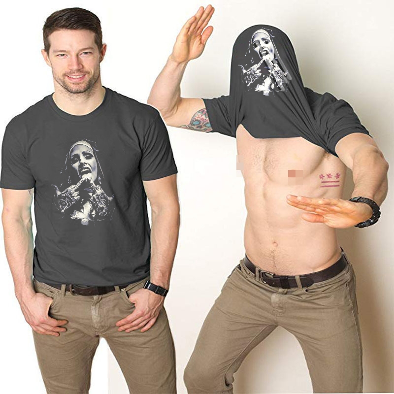 Nun with Crucifix Graphic Dark Style Double-Print Flip T-shirt
