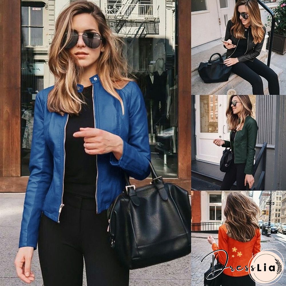 Women Spring Zipper Casual PU Leather Soft Motorcycle Leather Jacket Coat