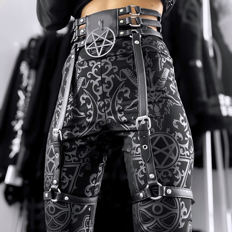 Llyge Halloween PU Belt Gothic Street Y2K Unisex Pentagram Leather With Leg Belt Harajuku Kpop Hip Hop Streetwear Dark Emo Vintage Belt llyge
