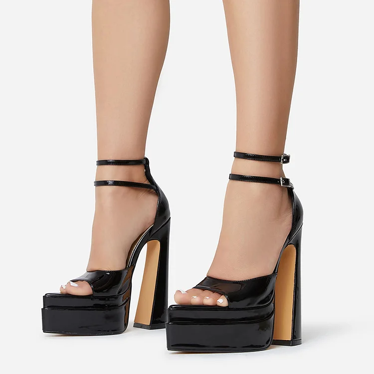 Black Patent Leather Ankle Straps Double-Stacked Platform Heels |FSJ Shoes
