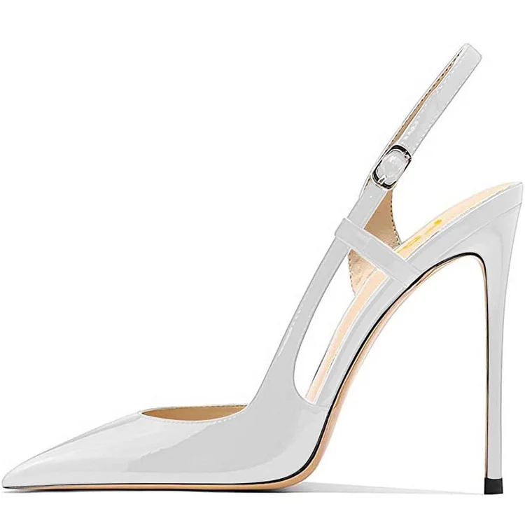 White Patent Leather Stiletto Heels Pointed Toe Slingback Pumps |FSJ Shoes