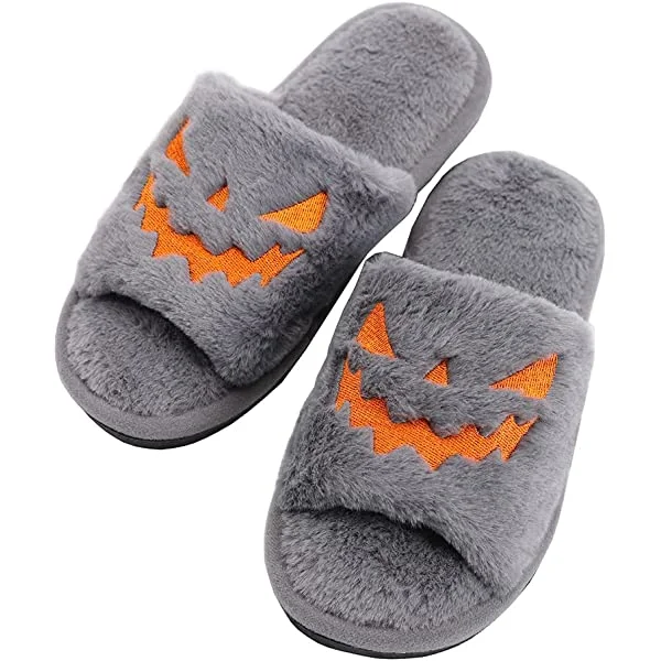 Plush Cozy Open Toe Indoor Outdoor Fuzzy Halloween Slippers amazon Stunahome.com