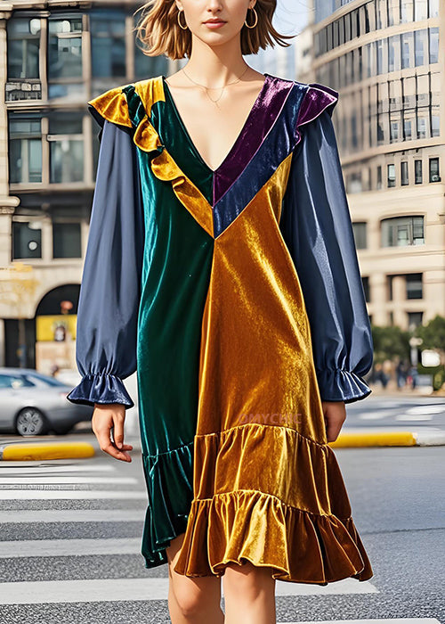VCSHOES Colorblock V Neck Ruffled Patchwork Velvet Dress Fall