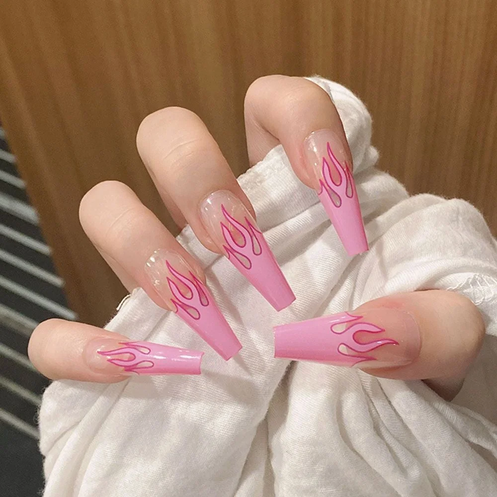 24pcs/set Long Stiletto Fake Nails Punk Snake Pattern Black White Matte False Nails Artificial Full Nail Tips Manicure Tools 111-Nail Inspo