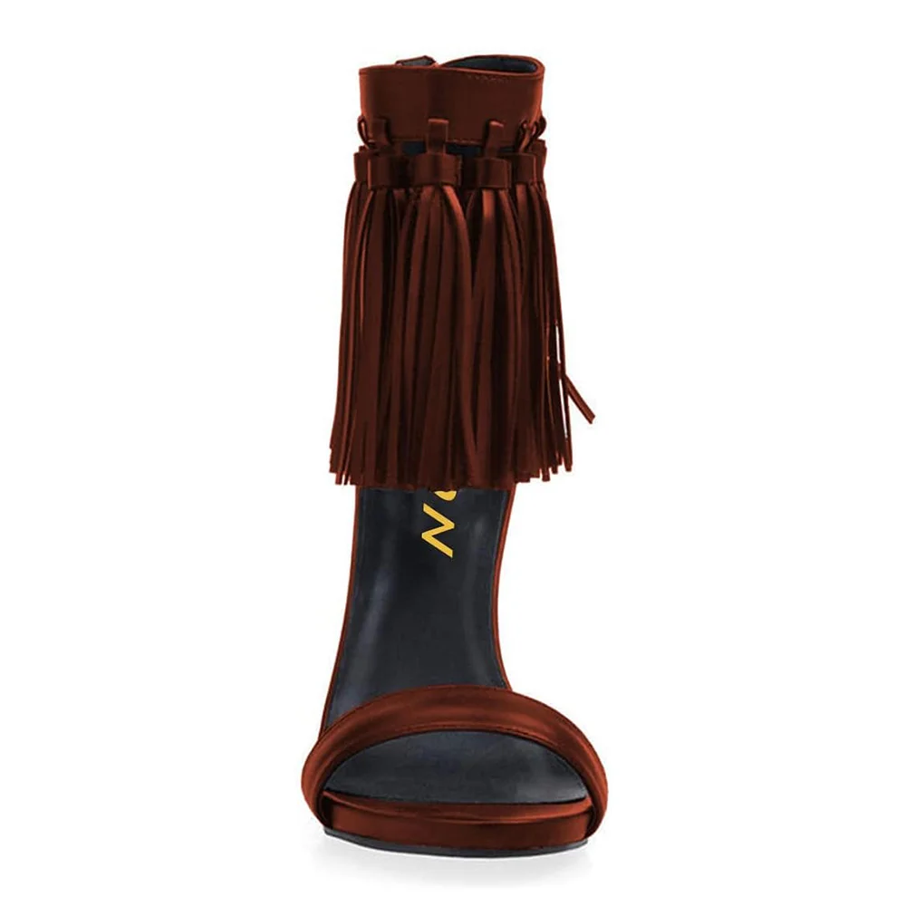 Maroon Vegan Leather Tassel Accent Stiletto Heel Sandals for Women