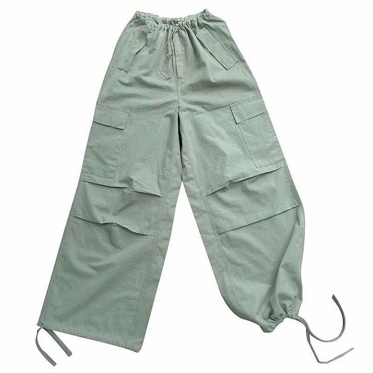 Casual Lace Up Multi Pocket Wide Leg Cargo Pants - Modakawa Modakawa