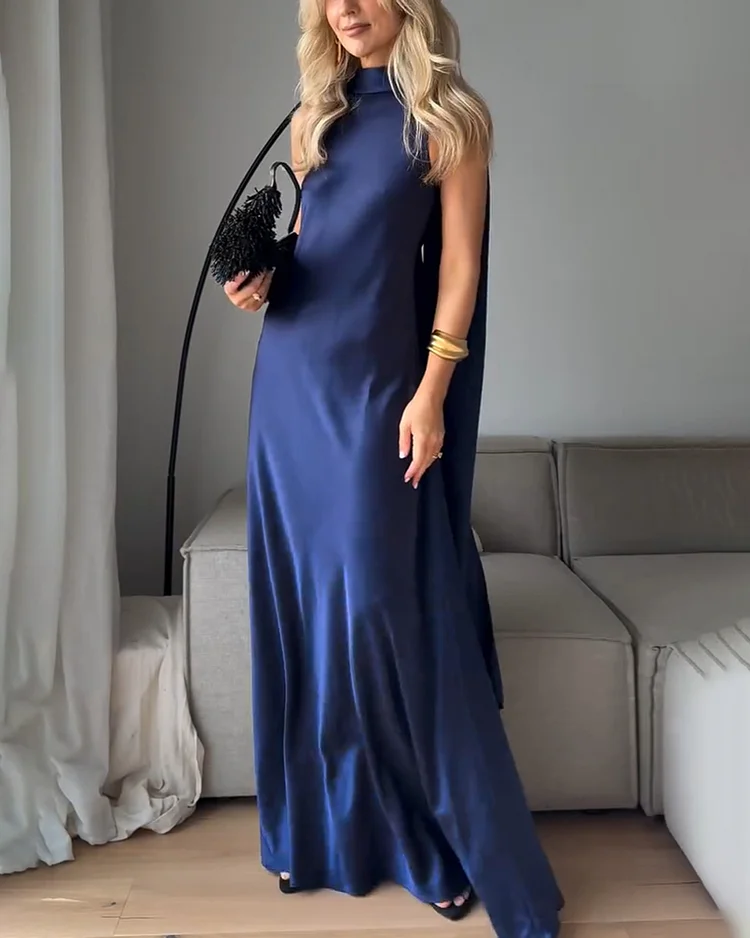 Women's solid color halter neck cape dress