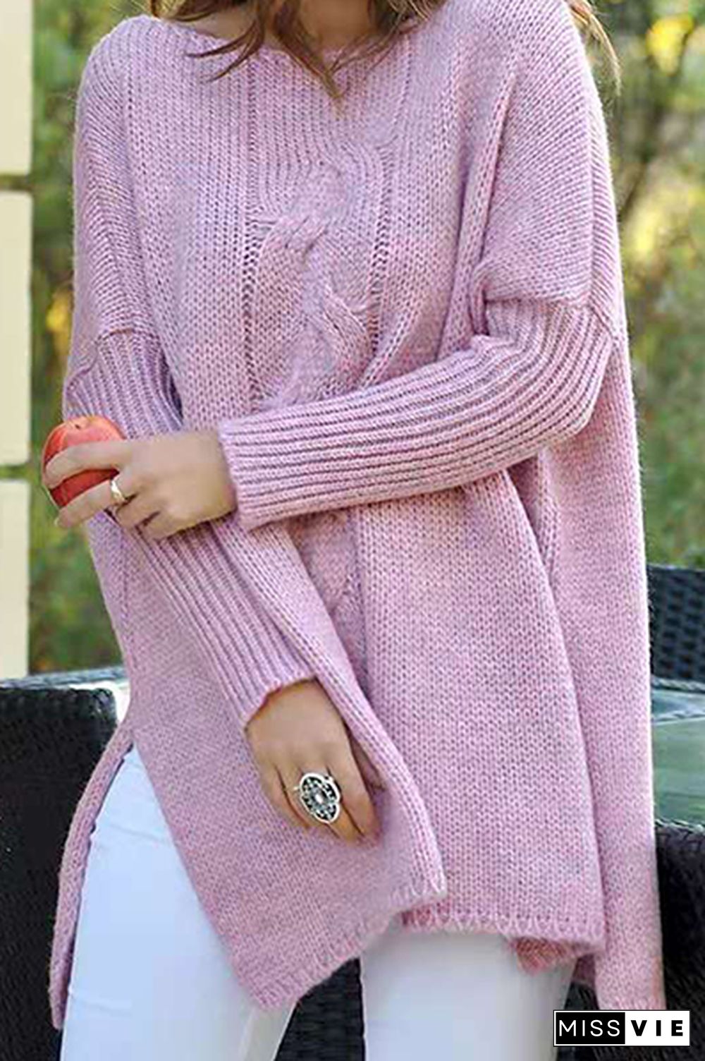 Casual Solid Slit O Neck Tops Sweater