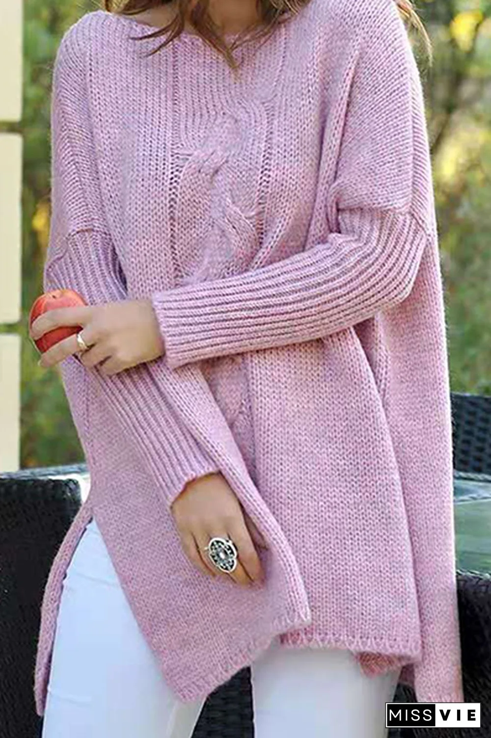 Casual Solid Slit O Neck Tops Sweater