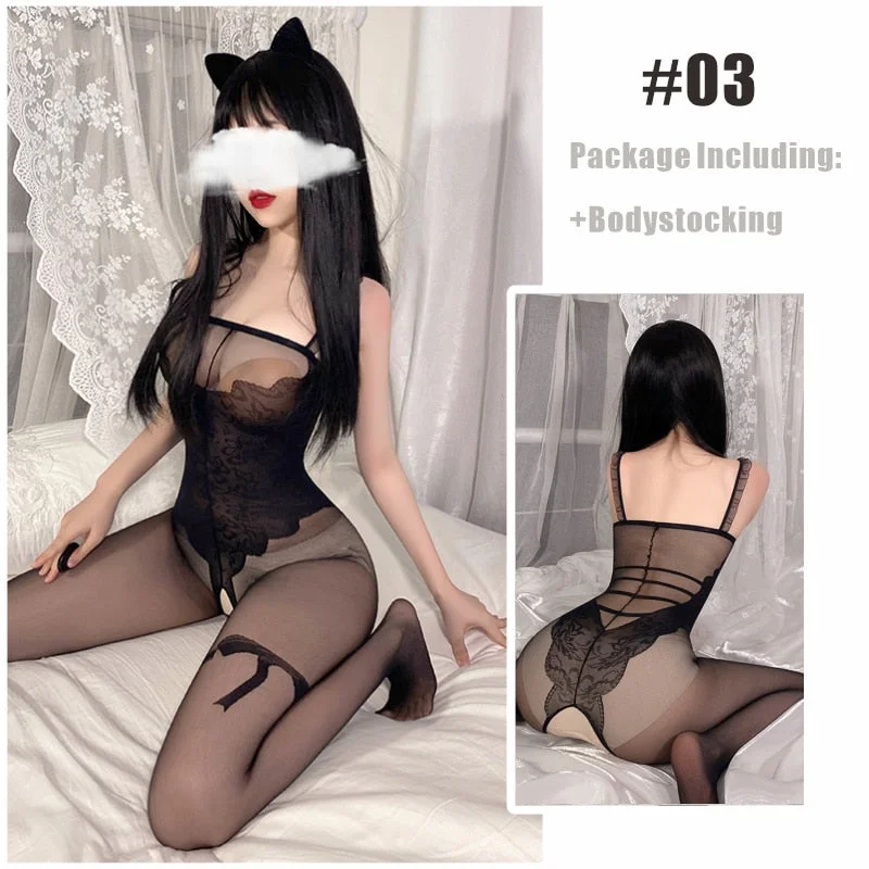 OJBK Women Lingerie Open Crotch Body Stocking Halter Porn Bodysuits Female Elasticity Mesh Hollow Pantyhose Cosplay Costumes New