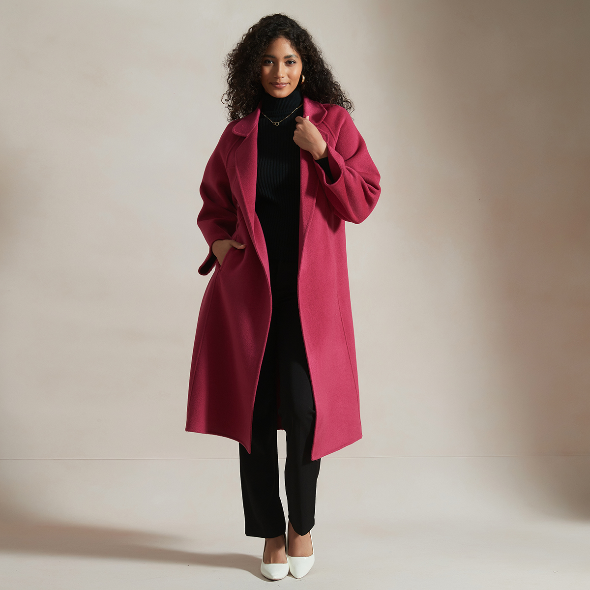  Handmade Collection Women's Belted Wrap Wool Coat-Rose Red REAL SILK LIFE