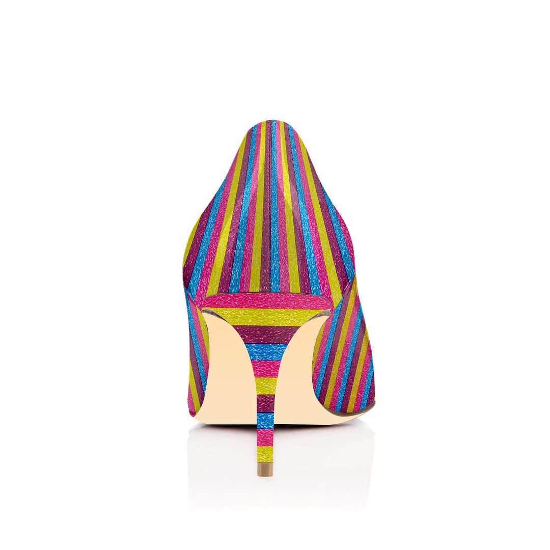 Colorful Kitten Heels Rainbow Stripes Pointy Toe Pumps Nicepairs