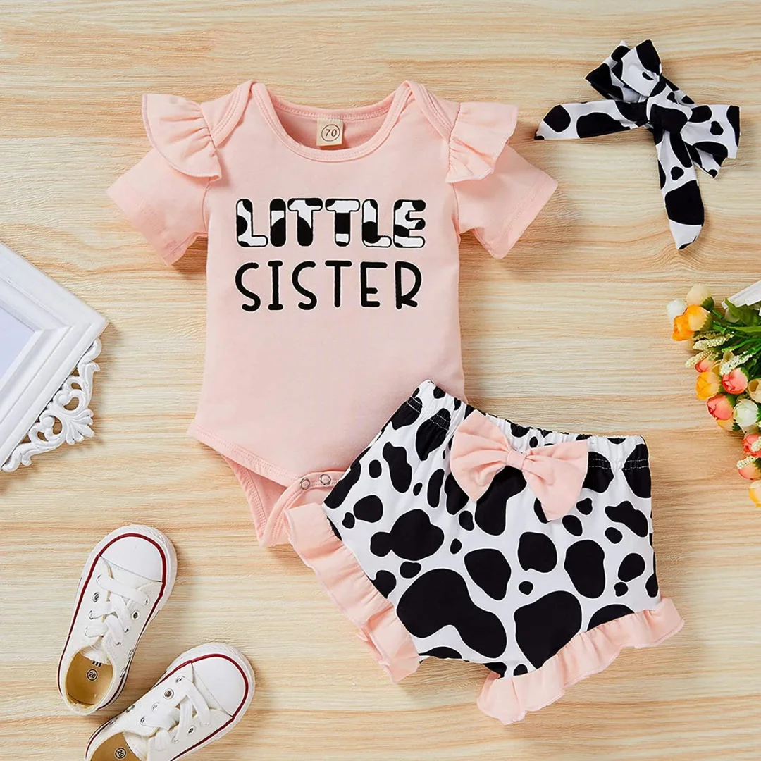 3PCS Little Sister Letter Cow Printed Baby Set