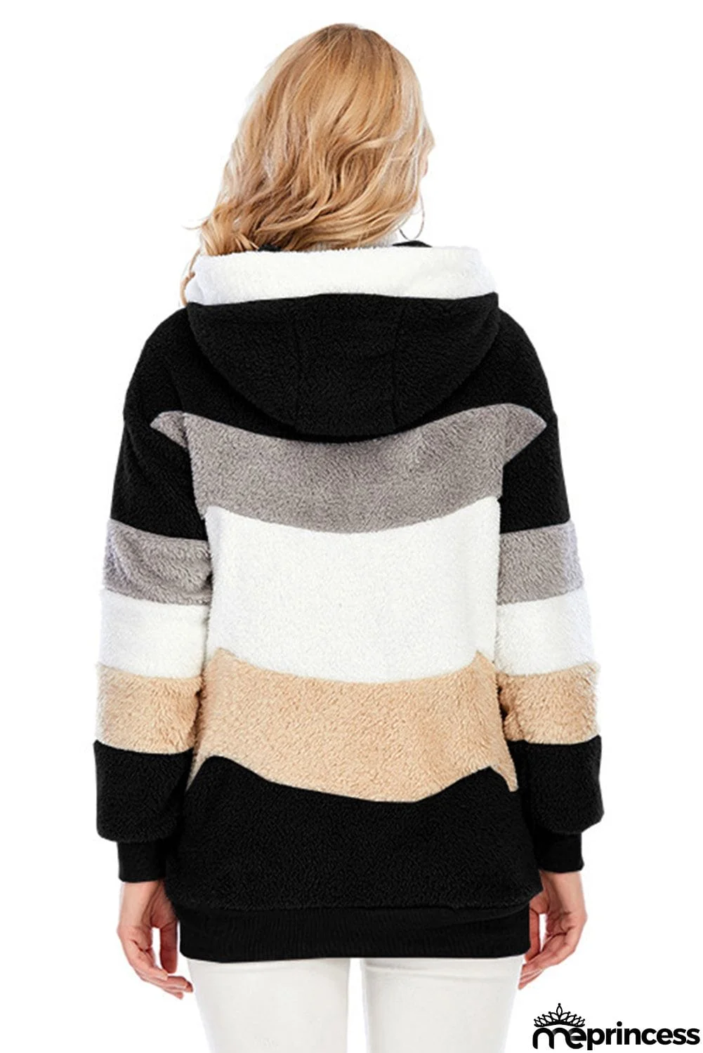 Colorblock Zip Up Sherpa Coat with Hooded