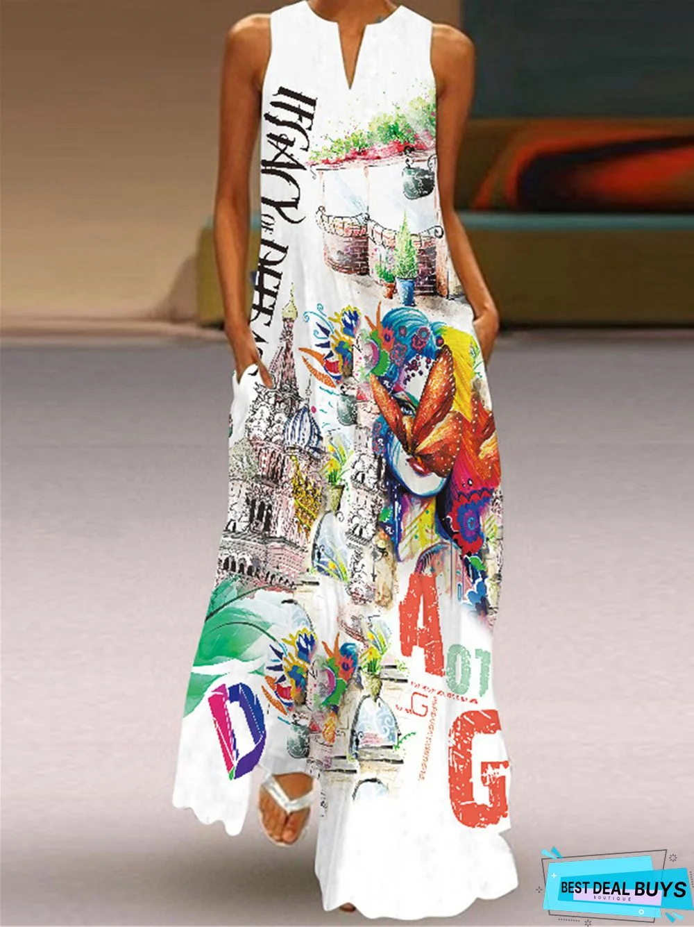 Women's Vintage Printed Long Skirt V-Neck Sleeveless Summer Dress