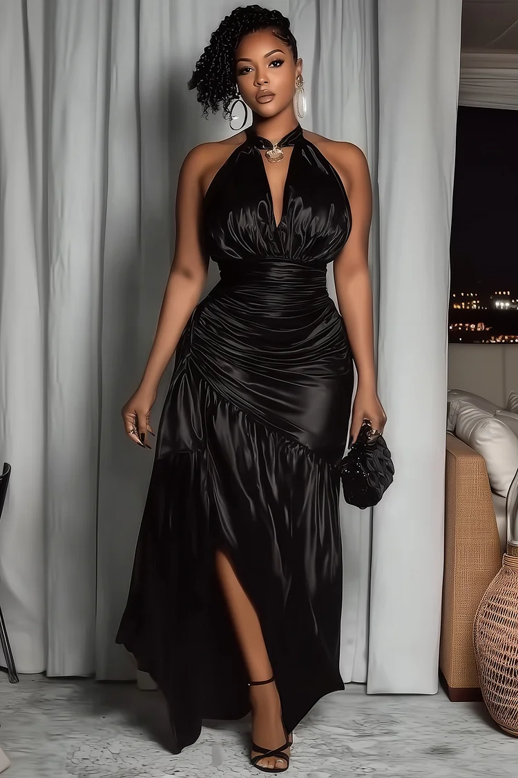 Halter V Neck Ruched Slit Homecoming Party Maxi Dresses-Black [Pre Order]