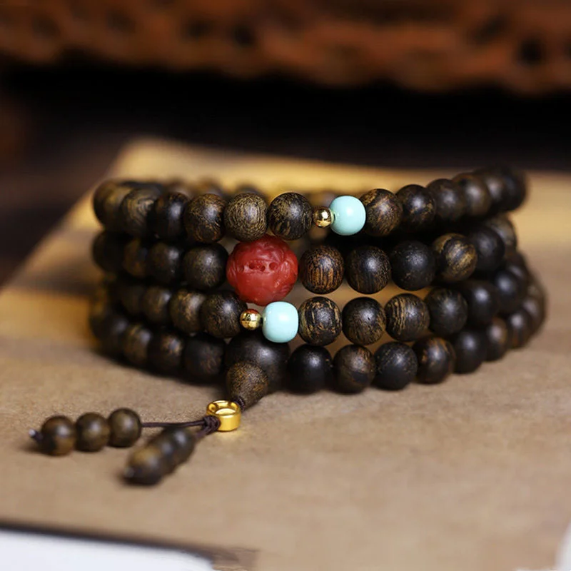 108 Mala Beads Agarwood Red Agate Turquoise Peace Meditation Necklace Bracelet