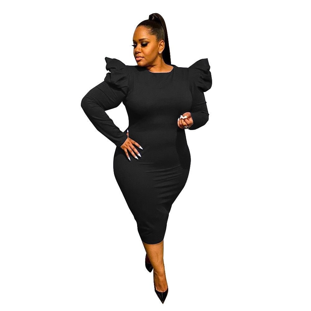 Plus Size Dresses for  Women Office Lady Puff Sleeve Solid Bodycon Stretch New Style Elegant Maxi Dress Wholesale Dropshipping