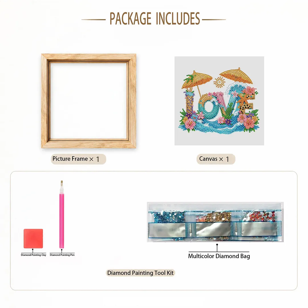 Beach Love DIY Special Shaped Drill Wooden Diamond Painting Tabletop Ornaments Kit with Photo Frame Desktop Diamond Art Kits Double-Sided Pattern for Adults/Beginners Home Decor