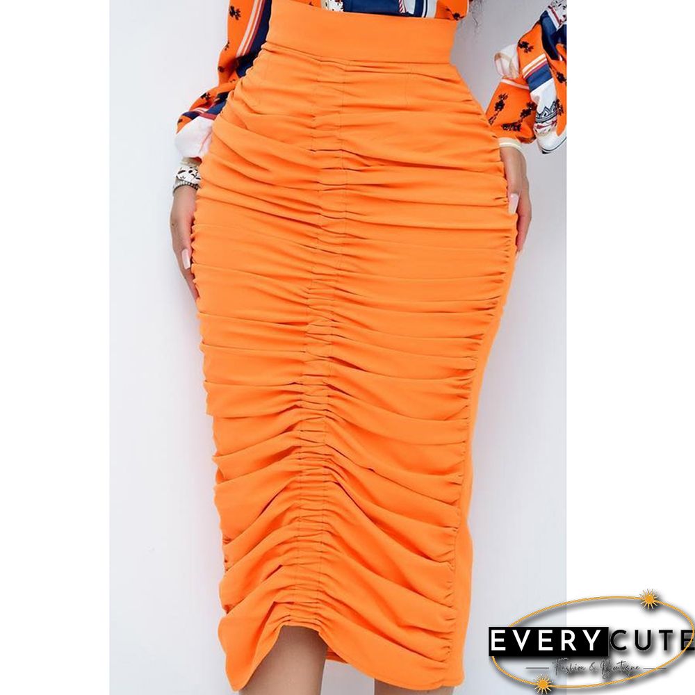 Orange Zipper Pleated Bodycon Midi Skirt