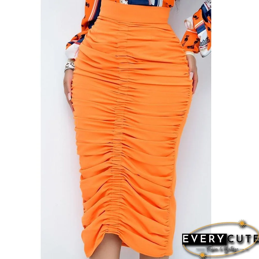 Orange Zipper Pleated Bodycon Midi Skirt