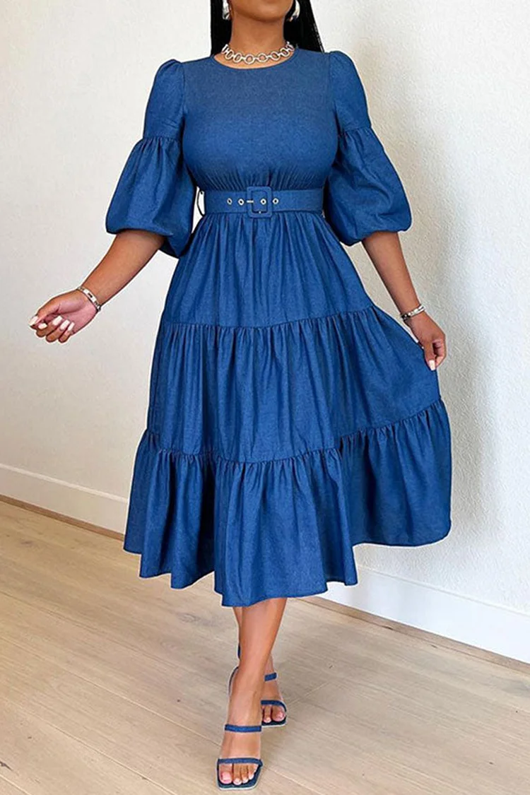 Plus Size Business Casual Light Blue Casual Round Neck Puff Sleeve Half Sleeve Pleated Tencel Denim Midi Dresses [Pre-Order] 2024 - Xpluswear