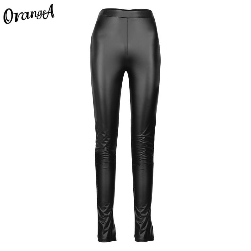 OrangeA Women Fashion Faux Leather Pants Y2K Trouser Split Pencil Black High Waist Streetwear Elegant Sexy Skinny Slim Clubwear