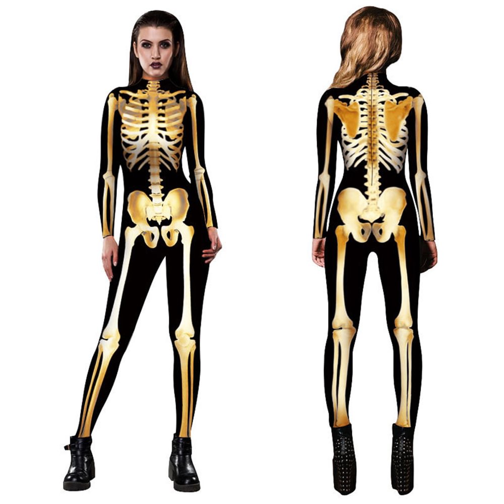 Golden Digital Printed Skull Skeleton Catsuit Halloween Costume-Pajamasbuy
