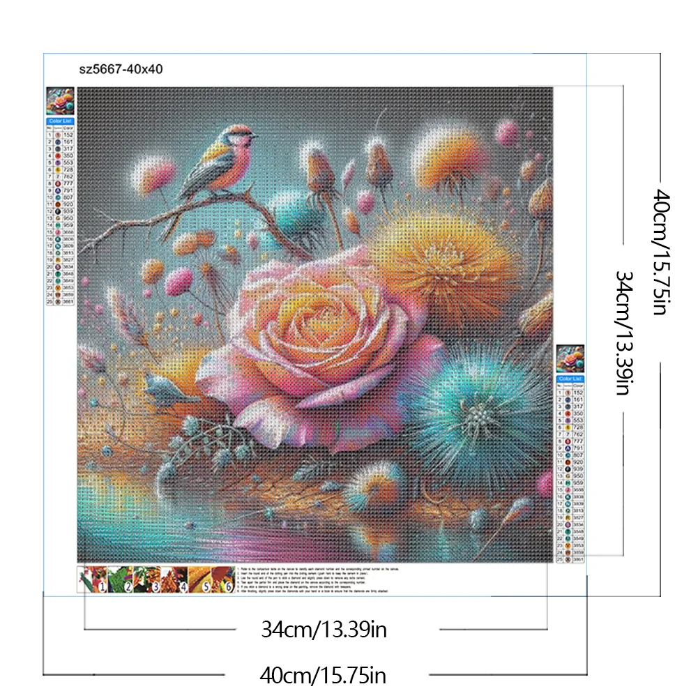 Diamond Painting - Full Round Drill - Rose Dandelion Bird(Canvas|40*40cm)