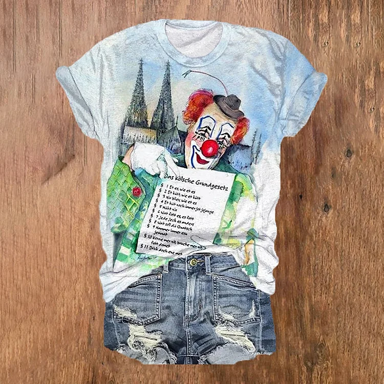 VChics KÖLner Karneval Clown Print Crew Neck T-Shirt