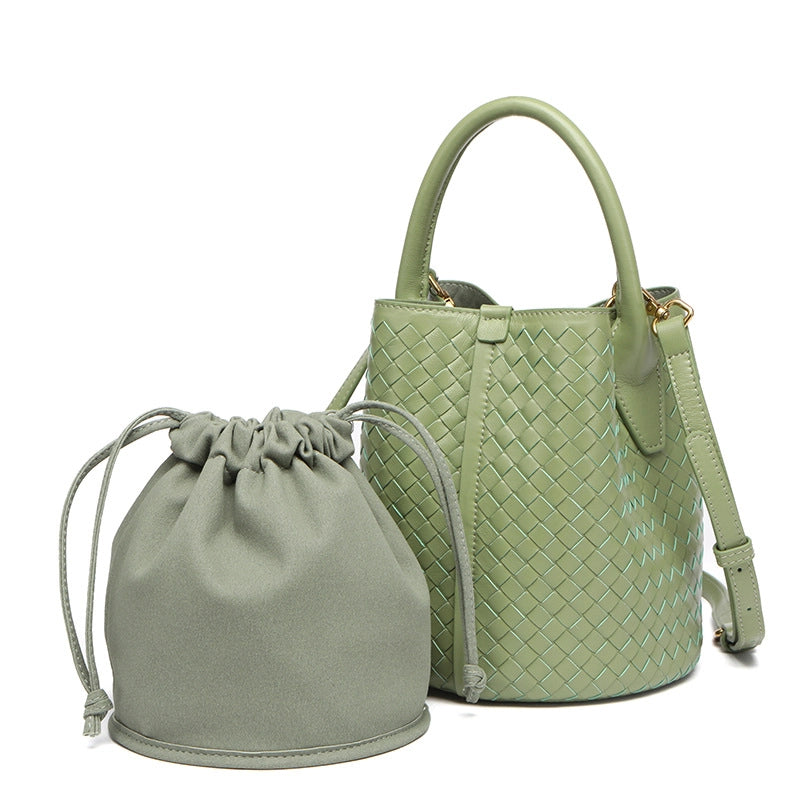 Women’s Medium Leather Solid Color Classic Style Streetwear Weave Sewing Thread Bucket String Bucket Bag