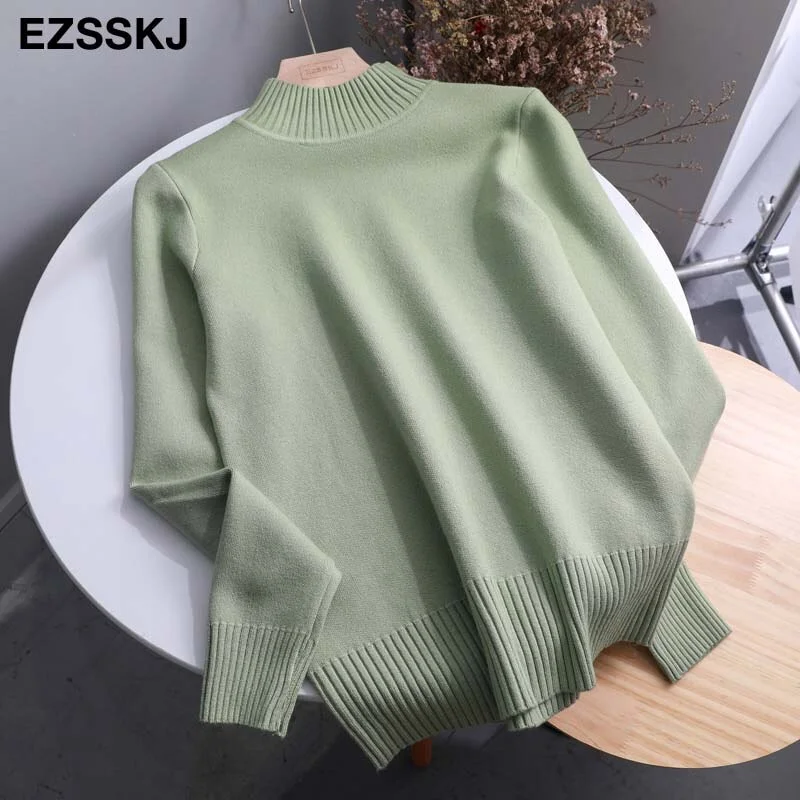 Korean Style Loose Sweater Women Pullover Casual Half Turtleneck Long Sleeve Knit Sweater Female Jumpers  solid basic sweater
