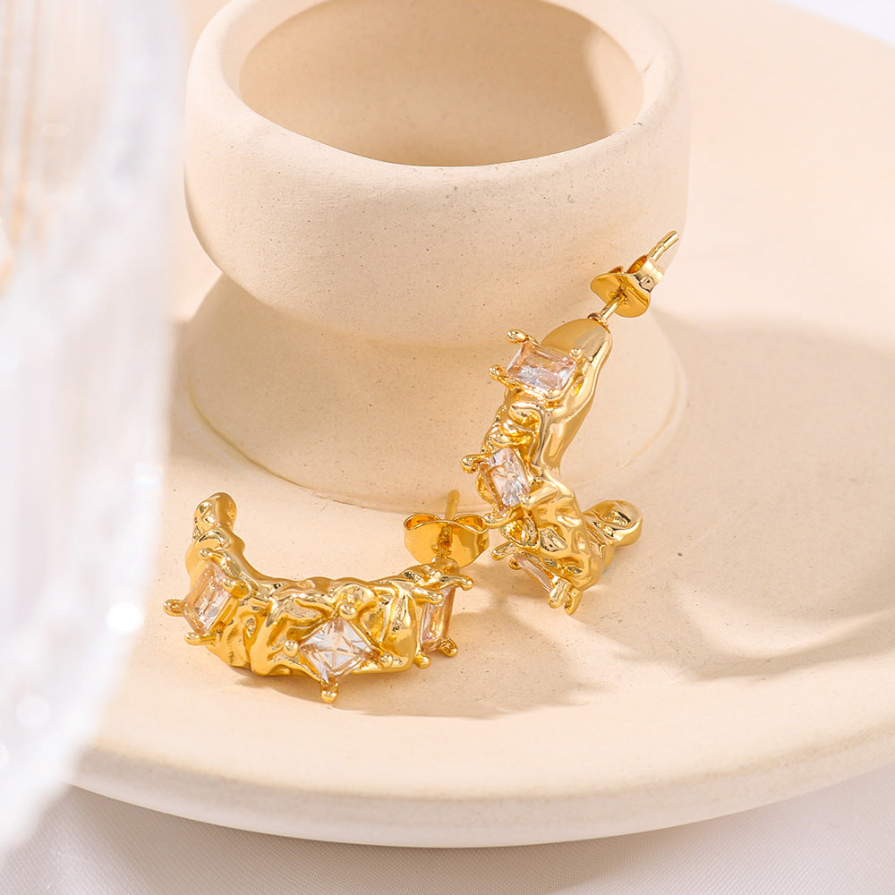 IG Style Zircon Asymmetrical Pleated Geometric Stainless Steel Electroplating Earrings