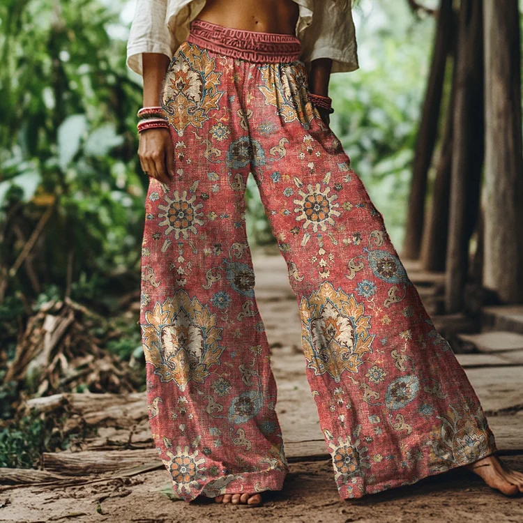 Vintage Bohemian Floral Print Loose Wide-leg Pants