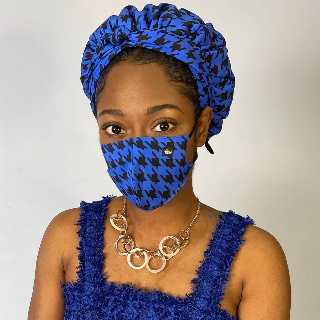 Blue Houndstooth Head Wrap(Matching Satin-Lined Face Cover)-AW1890