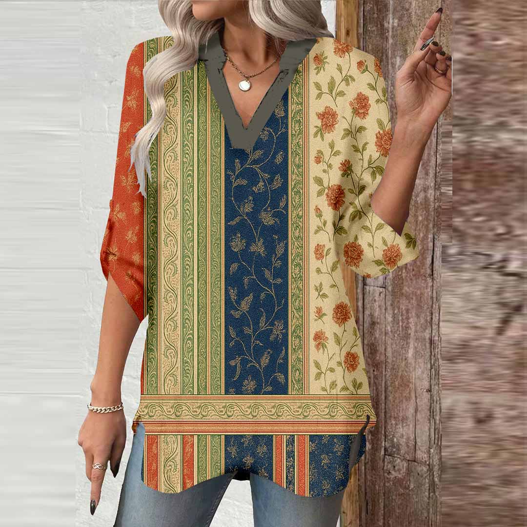 Women Bohemian,Floral,Red,Blue DZGA0285 3/4 Sleeve V-neck Printed Graphic Button Tops