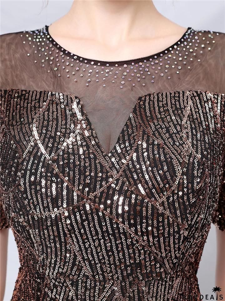 Shimmering Sequined Illusion Neck Mermaid Dress for Evening Party